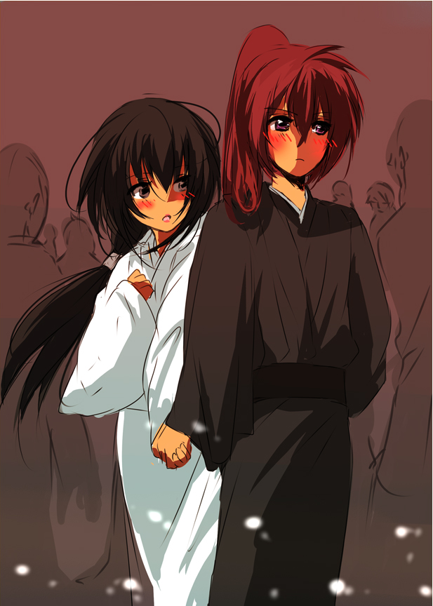 1boy, 1girl, black_eyes, black_hair, blush, holding_hands, hetero, himura_kenshin