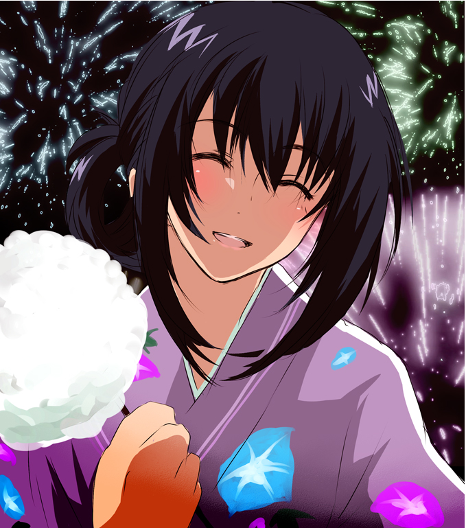 1girl, black_hair, blush, cotton_candy, closed_eyes, female_focus, fireworks, happy