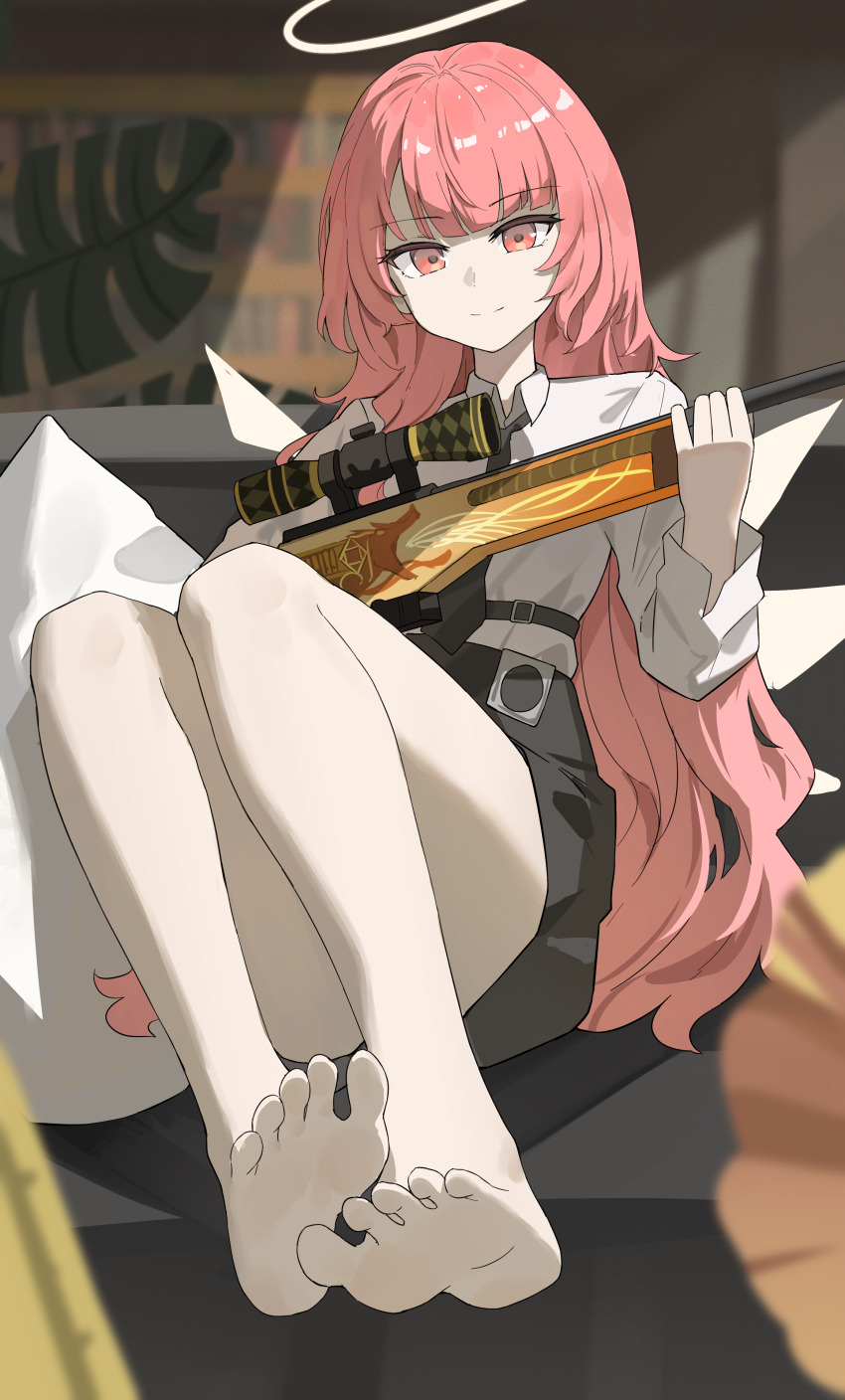 1girl, absurdres, arknights, barefoot, black_necktie, collared_shirt, dddm, gun