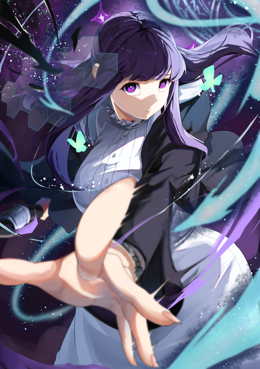 1girl, absurdres, black_coat, blurry, blurry_background, blurry_foreground, breasts, bright_pupils, bug, butterfly, closed_mouth, coat, cobato., collar, collared_dress, commentary_request, cowboy_shot, depth_of_field, dress, energy_barrier, expressionless, fern_(sousou_no_frieren), fingernails, floating_clothes, floating_hair, frilled_collar, frills, highres, holding, holding_staff, insect, large_breasts, long_dress, long_hair, looking_at_viewer, mage_staff, magic, open_clothes, open_coat, outstretched_arm, purple_eyes, purple_hair, solo, sousou_no_frieren, staff, white_dress, white_pupils