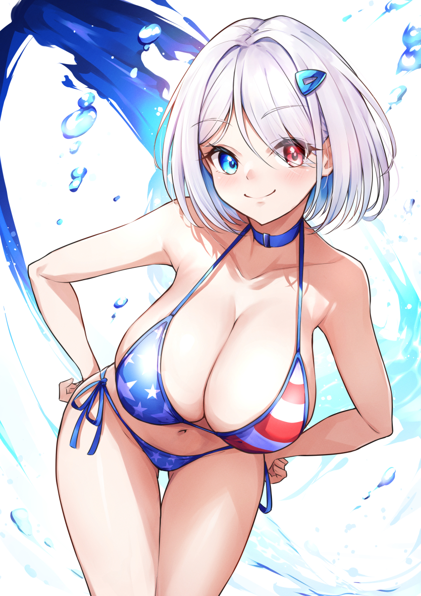 1girl, absurdres, american_flag, american_flag_bikini, american_flag_print, bare_shoulders, beyblade, bikini