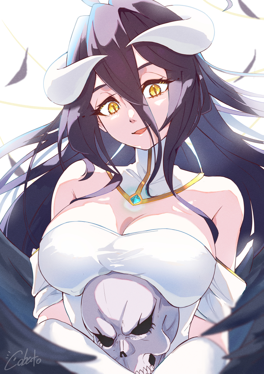 1girl, absurdres, albedo_(overlord), armpit_crease, artist_name, black_hair, black_wings, breasts