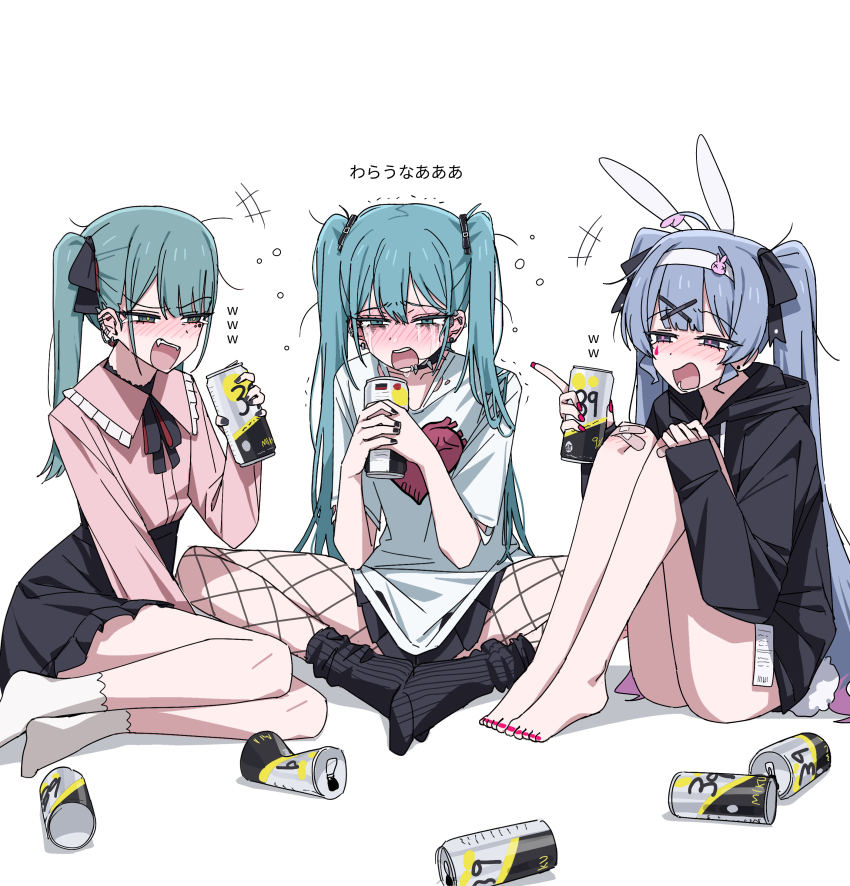 3girls, :d, absurdres, alcohol, animal_ears, bare_legs, barefoot, black_hoodie, black_socks, blue_hair, blush, butterfly_sitting, can, channel_(caststation), commentary, creator_connection, crying, d:, drinking, drunk, duplicate, ear_piercing, fake_animal_ears, fang, fanged_bangs, fishnets, hatsune_miku, highres, hood, hoodie, knees_up, laughing, miniskirt, multiple_girls, multiple_persona, nail_polish, open_mouth, piercing, pink_shirt, pixel-perfect_duplicate, rabbit_hole_(vocaloid), red_nails, sad_girl_sex_(vocaloid), shirt, sitting, skirt, smile, socks, songover, streaming_tears, tears, teeth, toenail_polish, toenails, translated, twintails, upper_teeth_only, vampire_(vocaloid), vocaloid, white_background, white_socks, yokozuwari