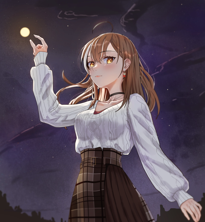 1girl, absurdres, ahoge, aran_sweater, arm_at_side, arm_up, belt, black_choker