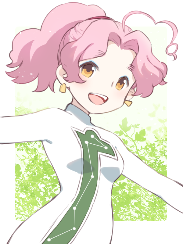 1girl, :d, antenna_hair, apocalypse_hotel, breasts, brown_eyes, day, earrings, iori_(apocalypse_hotel), jewelry, looking_at_viewer, medium_hair, open_mouth, outdoors, parted_bangs, pink_hair, ponytail, small_breasts, smile, solo, soujirou