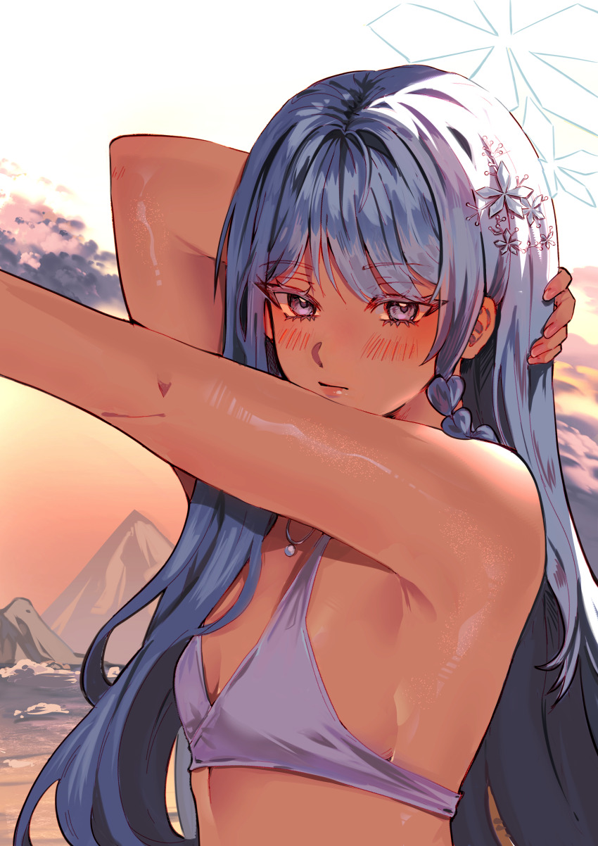 1girl, absurdres, arm_behind_head, bare_arms, bare_shoulders, bikini, blue_archive, blush