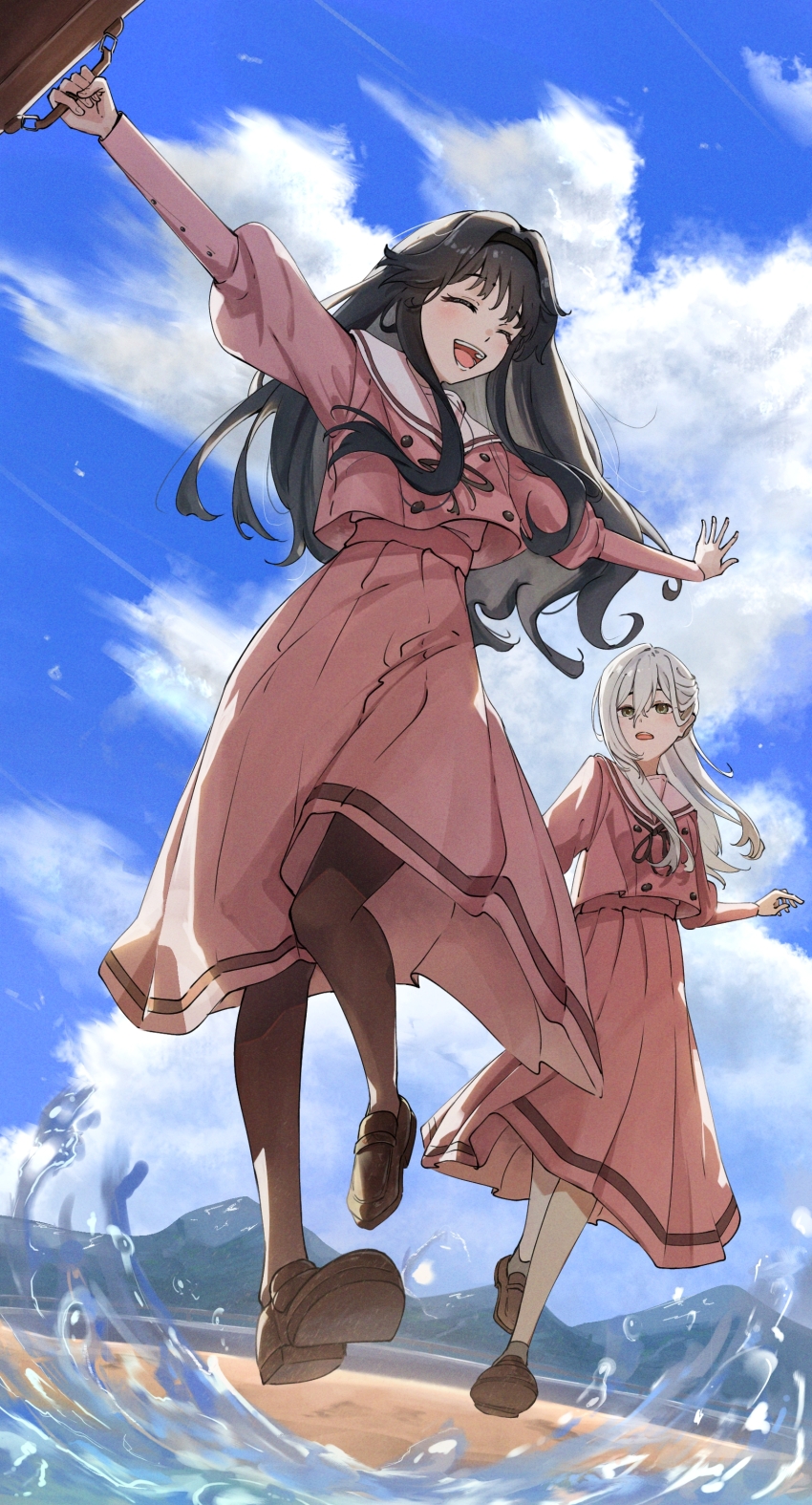 2girls, :d, absurdres, bag, black_hair, black_pantyhose, black_shoes, brown_shoes, day, grey_eyes, handbag, highres, hoshina_subaru, kaoru_hana_wa_rin_to_saku, laughing, loafers, long_hair, love_live!, love_live!_school_idol_project, mouchu, multiple_girls, open_mouth, outdoors, pantyhose, running, shoes, smile, waguri_kaoruko, water, white_hair