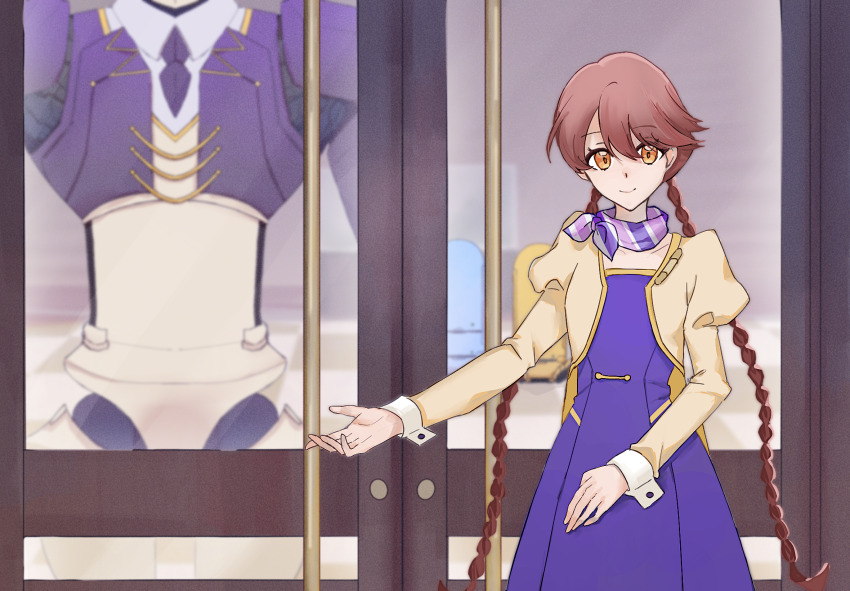 1boy, 1girl, apocalypse_hotel, bandana, bandana_around_neck, braid, brown_hair, door