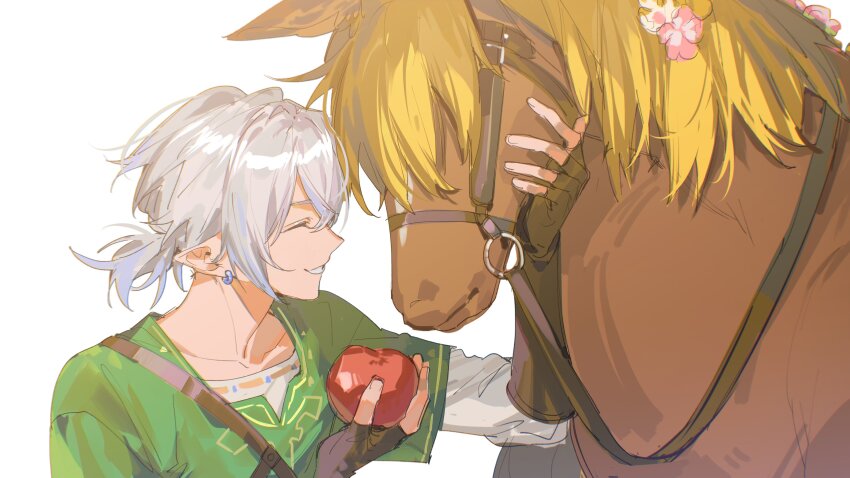 1boy, ^_^, absurdres, blue_hair, brown_gloves, character_request, closed_eyes, collarbone