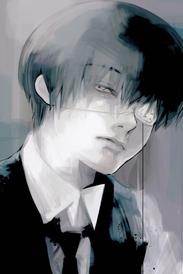 1boy, black_hair, black_necktie, black_vest, collared_shirt, eyepatch, grey_background, grey_eyes