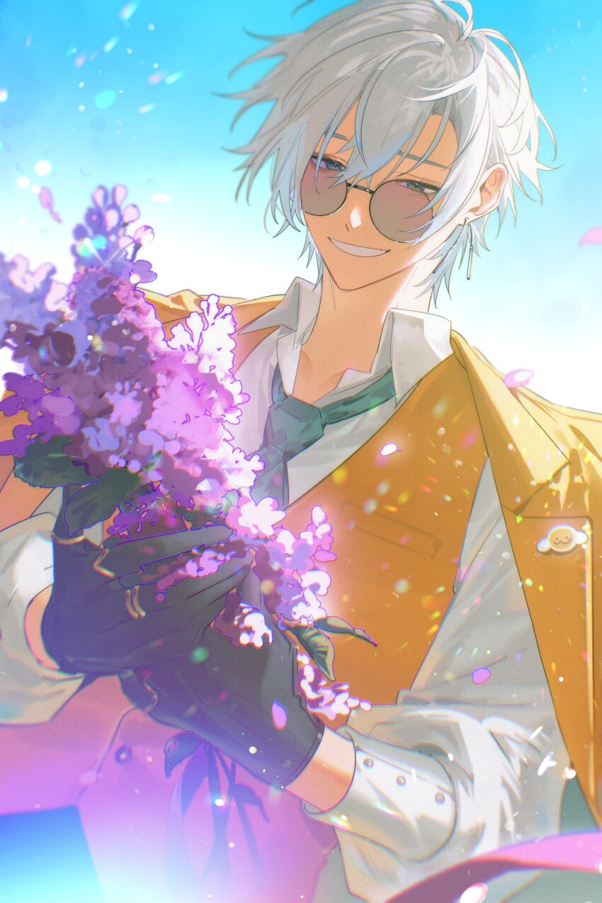 1boy, absurdres, aqua_necktie, black_gloves, blue_eyes, blue_hair, blue_sky, buttons, collared_shirt, commentary, day, debonheir_(kaelix_debonair), earrings, english_commentary, flower, gloves, gold_ring, gradient_hair, grin, hair_between_eyes, hands_up, highres, holding, holding_flower, hyacinth, jacket, jacket_on_shoulders, jewelry, kaelix_debonair, kaohom503, lapels, lens_flare, light_particles, long_sleeves, male_focus, multicolored_hair, multiple_rings, necktie, nijisanji, nijisanji_en, outdoors, pink_flower, purple-tinted_eyewear, ring, round_eyewear, shirt, short_hair, sky, smile, solo, sunglasses, teeth, tinted_eyewear, vest, virtual_youtuber, white_hair, white_shirt, wing_collar, yellow_jacket, yellow_vest