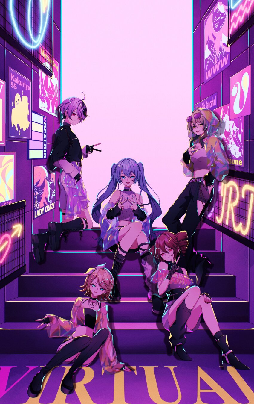 5girls, absurdres, ahoge, aqua_eyes, arm_warmers, belt, blonde_hair, blue_eyes