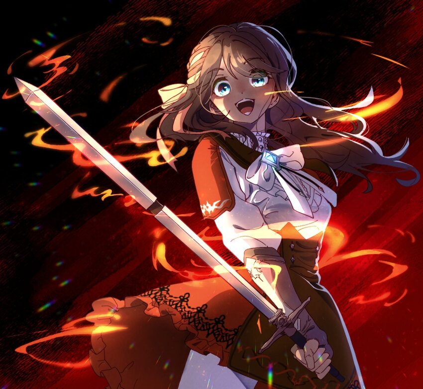 black_hair, blue_eyes, cowenna, holding, holding_sword, holding_weapon, mabinogi, non-web_source