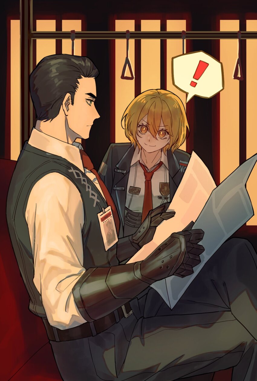 !, 1boy, 1girl, black_coat, black_hair, black_pants, black_vest, blonde_hair