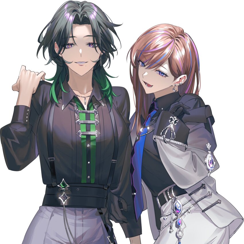 2girls, :d, belt, black_belt, black_gloves, black_hair, black_shirt, blue_eyes, blue_hair, blue_necktie, breasts, brown_hair, buttons, collared_shirt, commentary, cowboy_shot, earrings, eyelashes, genderswap, genderswap_(mtf), gloves, gradient_hair, green_hair, grey_jacket, grey_pants, hair_between_eyes, hand_up, head_wings, highres, jacket, jewelry, kaohom503, large_breasts, long_hair, long_sleeves, looking_at_viewer, lower_teeth_only, medium_hair, mole, mole_under_eye, mole_under_mouth, multicolored_hair, multiple_girls, necklace, necktie, nijisanji, nijisanji_en, off_shoulder, open_clothes, open_jacket, open_mouth, pants, parted_bangs, parted_hair, parted_lips, pink_hair, purple_eyes, seible_(nijisanji), shirt, simple_background, single_earring, sleeves_past_wrists, smile, streaked_hair, suspenders, untranslatable_commentary, teeth, virtual_youtuber, white_background, white_pants, wings, zeal_ginjoka