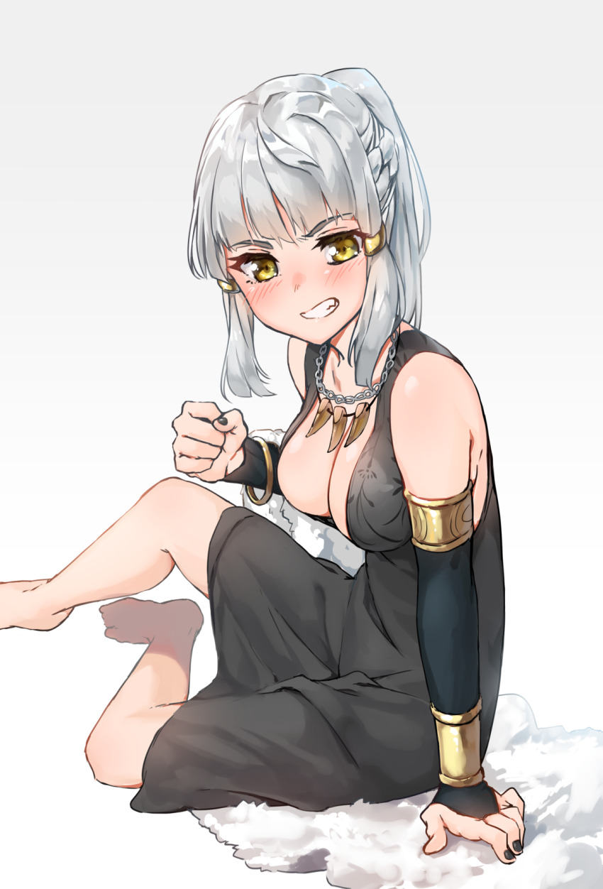 1girl, annoyed, bare_shoulders, black_dress, black_gloves, black_nails, blush, bracelet