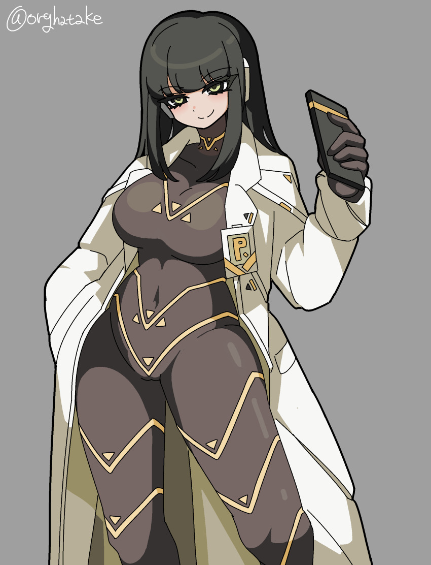 1girl, absurdres, black_bodysuit, black_hair, blush, bodysuit, cesara_(project_moon), closed_mouth