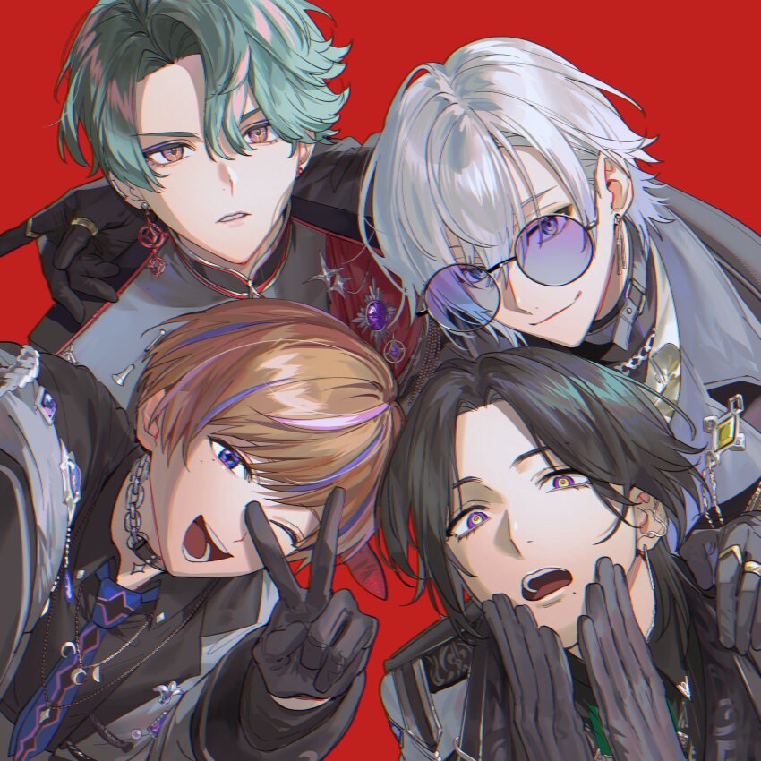 4boys, :o, ;d, absurdres, arm_around_shoulder, black_coat, black_gloves, black_hair, black_shirt, blue_eyes, blue_hair, blue_necktie, brown_hair, by_the_beat, chain, chain_necklace, choker, closed_mouth, coat, coat_on_shoulders, collared_shirt, commentary, crescent, crescent_necklace, curtained_hair, earclip, earrings, eyeshadow, freodore_(nijisanji), gem, gloves, gold_ring, gradient_hair, green_eyes, grey_choker, grey_coat, grey_hair, grey_jacket, hair_between_eyes, hand_on_another's_shoulder, hand_up, hands_up, highres, jacket, jewelry, kaelix_debonair, kaohom503, lapels, long_sleeves, looking_at_viewer, makeup, male_focus, medium_hair, mole, mole_under_eye, mole_under_mouth, multicolored_eyes, multicolored_hair, multiple_boys, multiple_rings, necklace, necktie, nijisanji, nijisanji_en, one_eye_closed, open_clothes, open_jacket, open_mouth, parted_bangs, parted_hair, parted_lips, pink_hair, purple-tinted_eyewear, purple_eyes, purple_eyeshadow, purple_gem, red_background, ring, round_eyewear, seible_(nijisanji), shirt, short_hair, simple_background, smile, streaked_hair, sunglasses, untranslatable_commentary, teeth, thumb_ring, tinted_eyewear, turtleneck, two-tone_eyes, upper_body, upper_teeth_only, v, v-shaped_eyebrows, virtual_youtuber, white_hair, white_shirt, wing_collar, yellow_gem, zeal_ginjoka