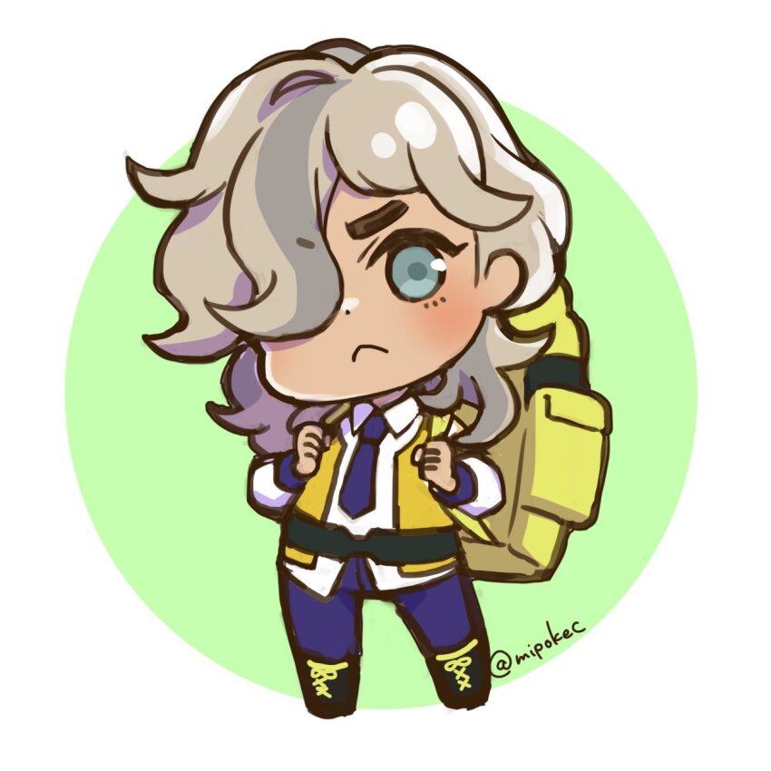 1boy, arven_(pokemon), backpack, bag, blue_eyes, chibi, chibi_only, closed_mouth, collared_shirt, frown, full_body, grey_hair, hair_over_one_eye, highres, long_sleeves, looking_at_viewer, male_focus, medium_hair, mipokec, necktie, nintendo, open_clothes, open_vest, pants, pokemon, pokemon_scarlet_and_violet, purple_necktie, purple_pants, school_uniform, shirt, simple_background, solo, twitter_username, uva_academy_school_uniform, vest, white_shirt, yellow_bag, yellow_vest