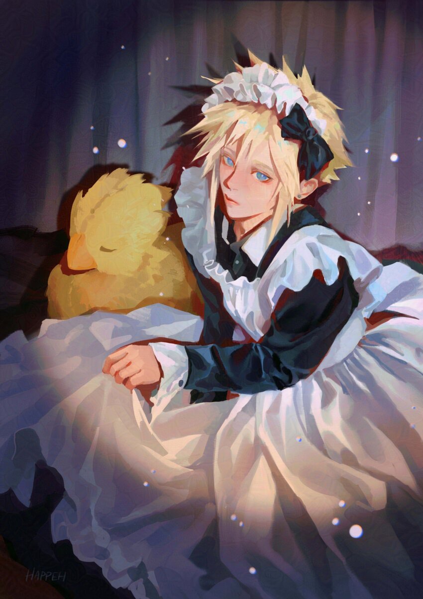 1boy, alternate_costume, apron, artist_name, black_bow, black_dress, blonde_hair, blue_eyes