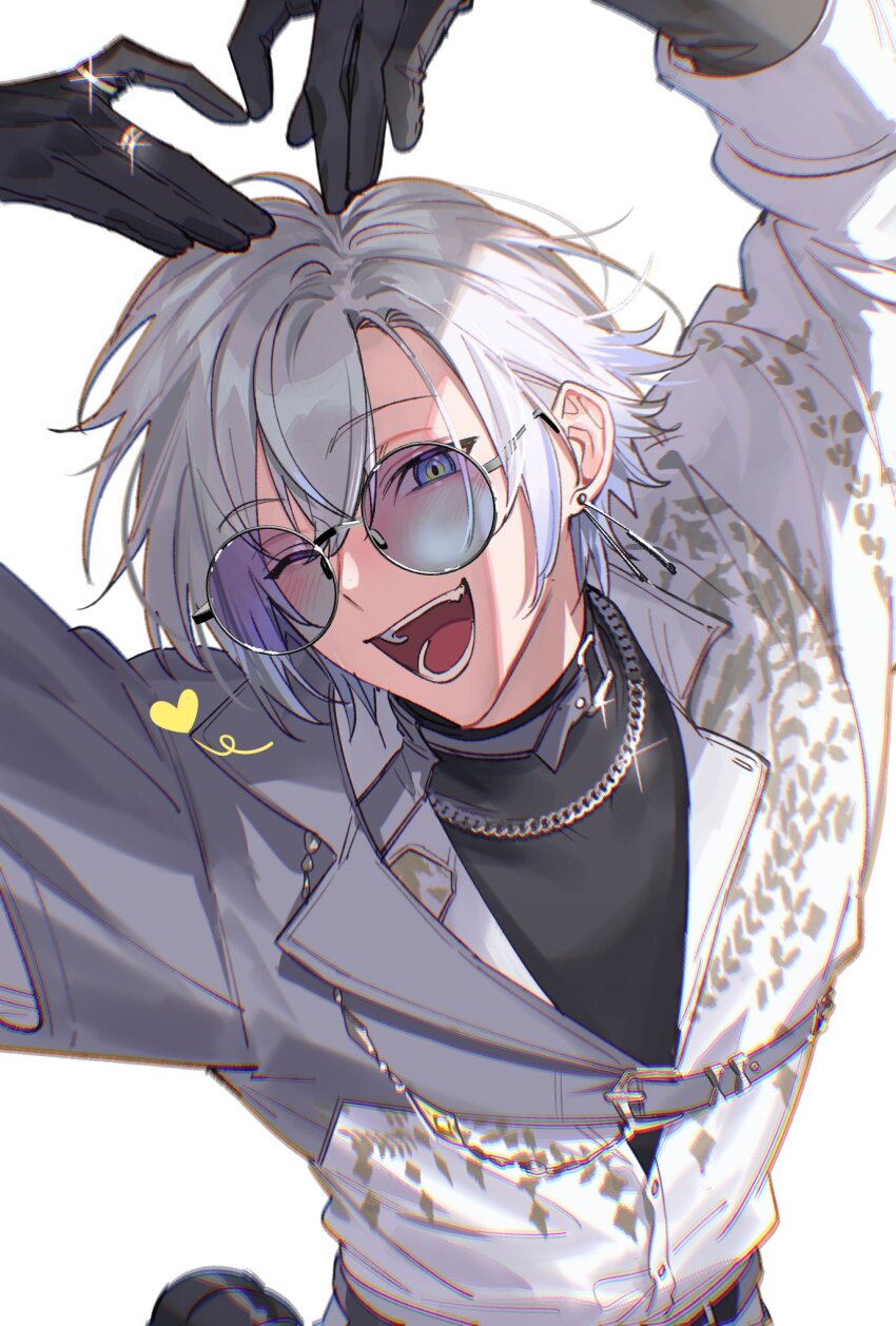 1boy, ;d, arms_up, black_gloves, black_shirt, blue_eyes, blue_hair, blush, chain, chain_necklace, choker, chromatic_aberration, collared_shirt, commentary, crossed_bangs, earrings, glint, gloves, gold_ring, green_eyes, grey_choker, hair_between_eyes, heart, heart_arms, highres, jewelry, jumping, kaelix_debonair, kaohom503, long_sleeves, looking_at_viewer, male_focus, multicolored_eyes, multicolored_hair, necklace, nijisanji, nijisanji_en, one_eye_closed, open_mouth, purple-tinted_eyewear, ring, round_eyewear, shirt, shirt_tucked_in, short_hair, simple_background, smile, solo, sunglasses, untranslatable_commentary, teeth, tinted_eyewear, turtleneck, two-tone_eyes, virtual_youtuber, white_background, white_hair, white_shirt