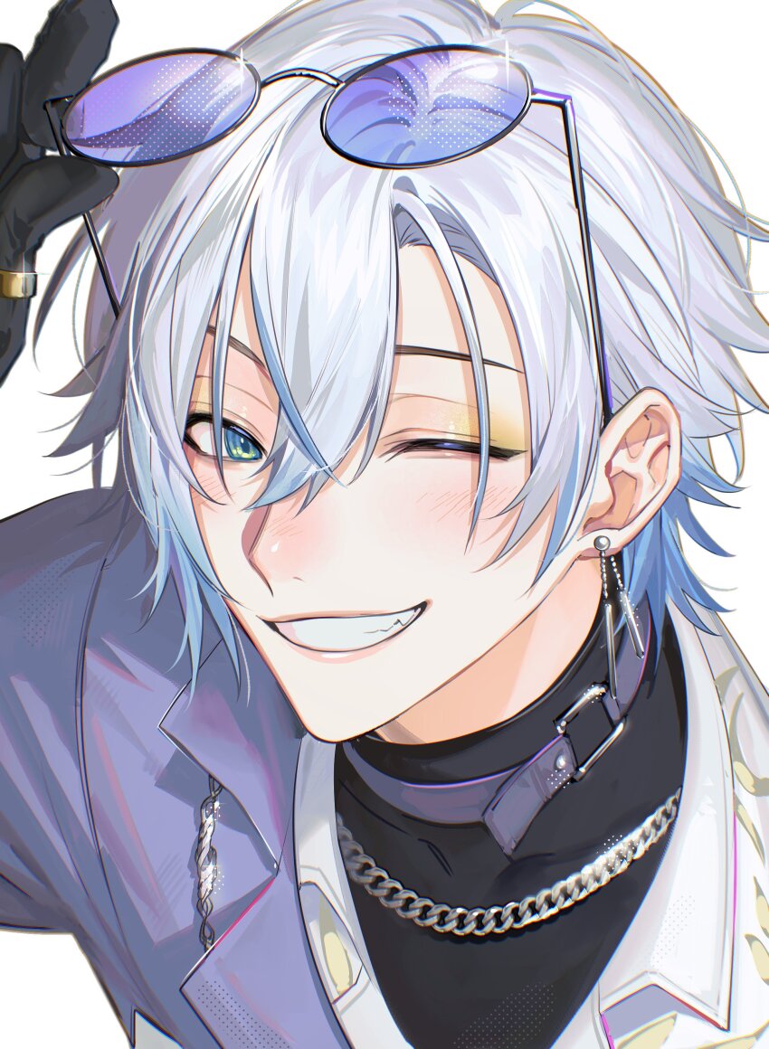 1boy, absurdres, adjusting_eyewear, black_gloves, black_shirt, blue_choker, blue_eyes, blue_hair, chain, chain_necklace, choker, collared_shirt, commentary, crossed_bangs, earrings, eyeshadow, gloves, gold_ring, gradient_hair, grin, hair_between_eyes, hand_up, highres, jewelry, kaelix_debonair, kaohom503, long_sleeves, looking_at_viewer, makeup, male_focus, multicolored_hair, necklace, nijisanji, nijisanji_en, one_eye_closed, purple-tinted_eyewear, ring, round_eyewear, shirt, short_hair, simple_background, smile, solo, sunglasses, untranslatable_commentary, teeth, thumb_ring, tinted_eyewear, turtleneck, upper_body, virtual_youtuber, white_background, white_hair, white_shirt, yellow_eyeshadow