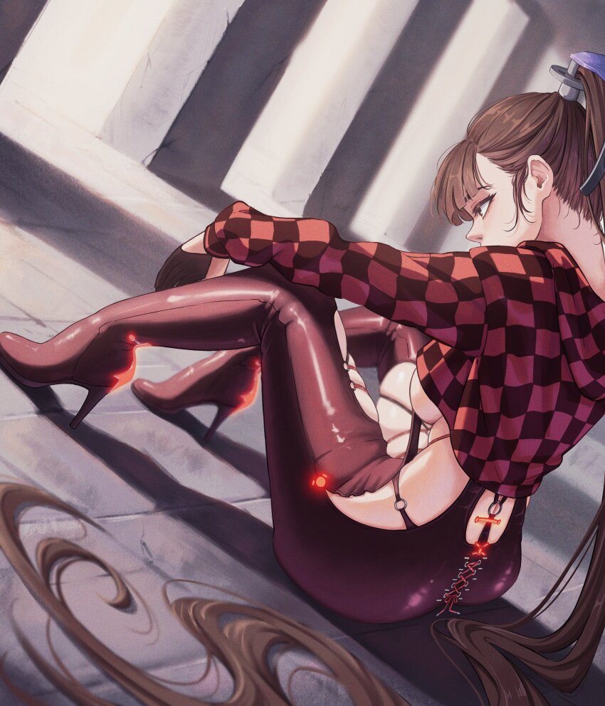 1girl, absurdres, ass, breasts, brown_hair, eve_(stellar_blade), female_focus, gloves