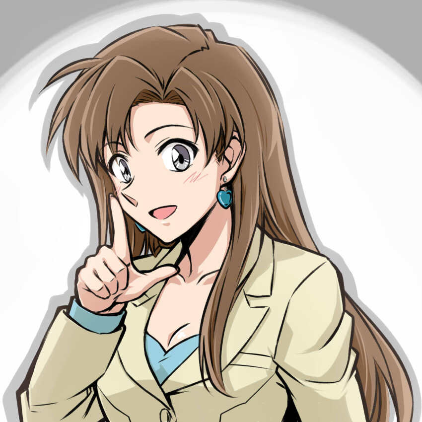 1girl, :d, asymmetrical_bangs, blue_shirt, brown_hair, brown_jacket, earrings, finger_gun, grey_eyes, heart, heart_earrings, highres, ishikane_aoi, jacket, jewelry, kousaka_natsumi, light_blush, long_hair, long_sleeves, looking_at_viewer, meitantei_conan, open_mouth, portrait, shadow, shirt, smile, solo