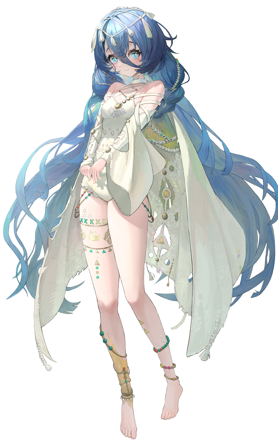 1girl, 37_(down_in_the_grotto)_(reverse:1999), 37_(reverse:1999), anklet, bare_shoulders, barefoot, blue_eyes, blue_hair