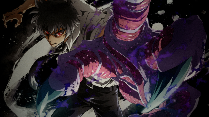 1boy, anime_coloring, belt, black_hair, black_necktie, closed_mouth, collared_shirt, cowboy_shot