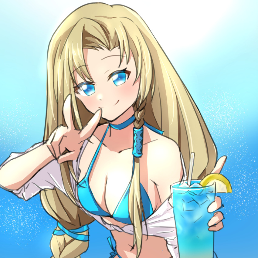 absurdres, blonde_hair, blony_(mabinogi), blue_eyes, breasts, cleavage, cup, drinking_glass