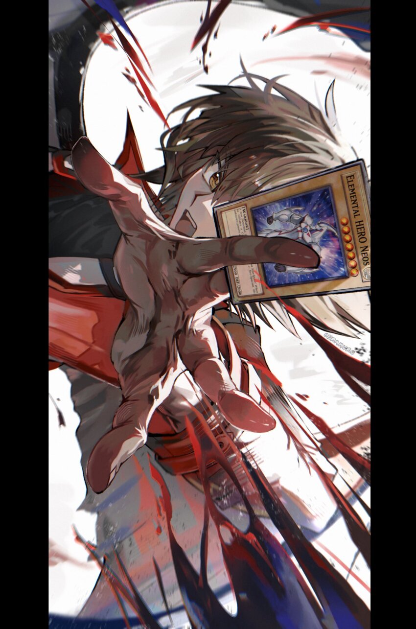 1boy, between_fingers, brown_eyes, brown_hair, card, cerakuro, demon_wings, duel_academy_uniform_(yu-gi-oh!_gx)