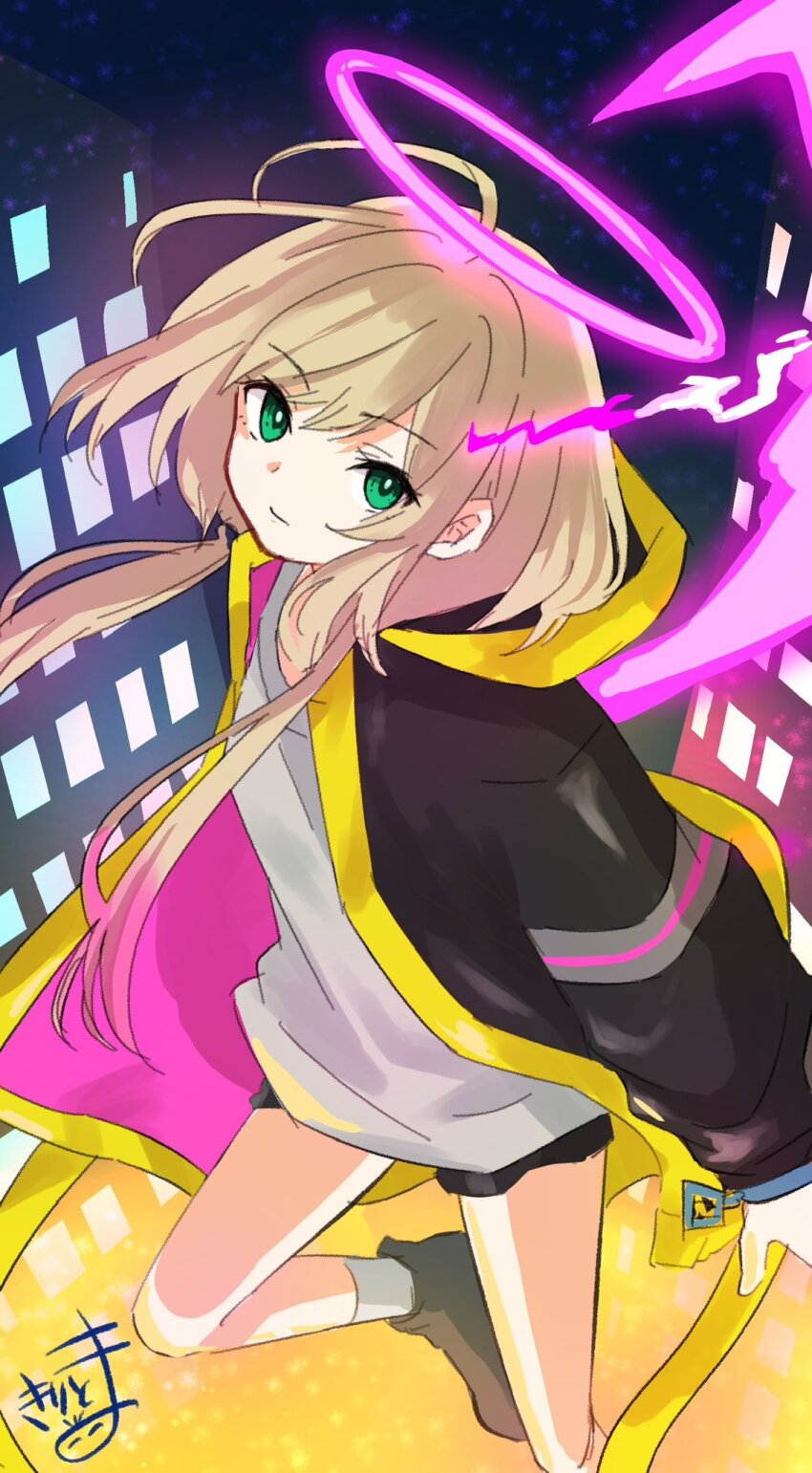 1girl, ahoge, black_jacket, black_shoes, black_shorts, brown_hair, closed_mouth, commentary_request, elle_(monster_strike), glowing, green_eyes, grey_socks, hair_between_eyes, halo, highres, hood, hood_down, hooded_jacket, jacket, kiritoma, long_hair, looking_at_viewer, low_twintails, monster_strike, open_clothes, open_jacket, shoes, short_shorts, shorts, signature, socks, solo, twintails, very_long_hair