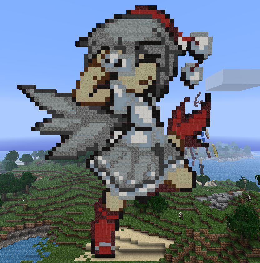 1girl, black_hair, black_wings, camera, cow, female_focus, forest, hand_fan, hat, minecraft, minecraft_(medium), mountain, nature, noob4u, ocean, self-upload, shameimaru_aya, short_hair, skirt, smile, solo, tokin_hat, touhou, tree, unconventional_media, wings
