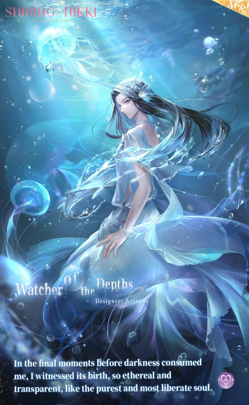 1boy, air_bubble, arionus_(shining_nikki), artist_request, black_hair, blue_eyes, blue_hair, blue_robe, blue_theme, bracelet, bubble, character_name, circlet, closed_mouth, copyright_name, dappled_sunlight, english_text, fins, full_body, gradient_hair, hand_on_own_hip, head_fins, highres, jellyfish, jewelry, light_frown, light_particles, liquid_hair, logo, long_hair, looking_at_viewer, looking_back, male_focus, multicolored_hair, nikki_(series), official_art, petting, pointy_nose, robe, second-party_source, shining_nikki, short_sleeves, shoulder_blades, solo, sunlight, two-tone_hair, very_long_hair
