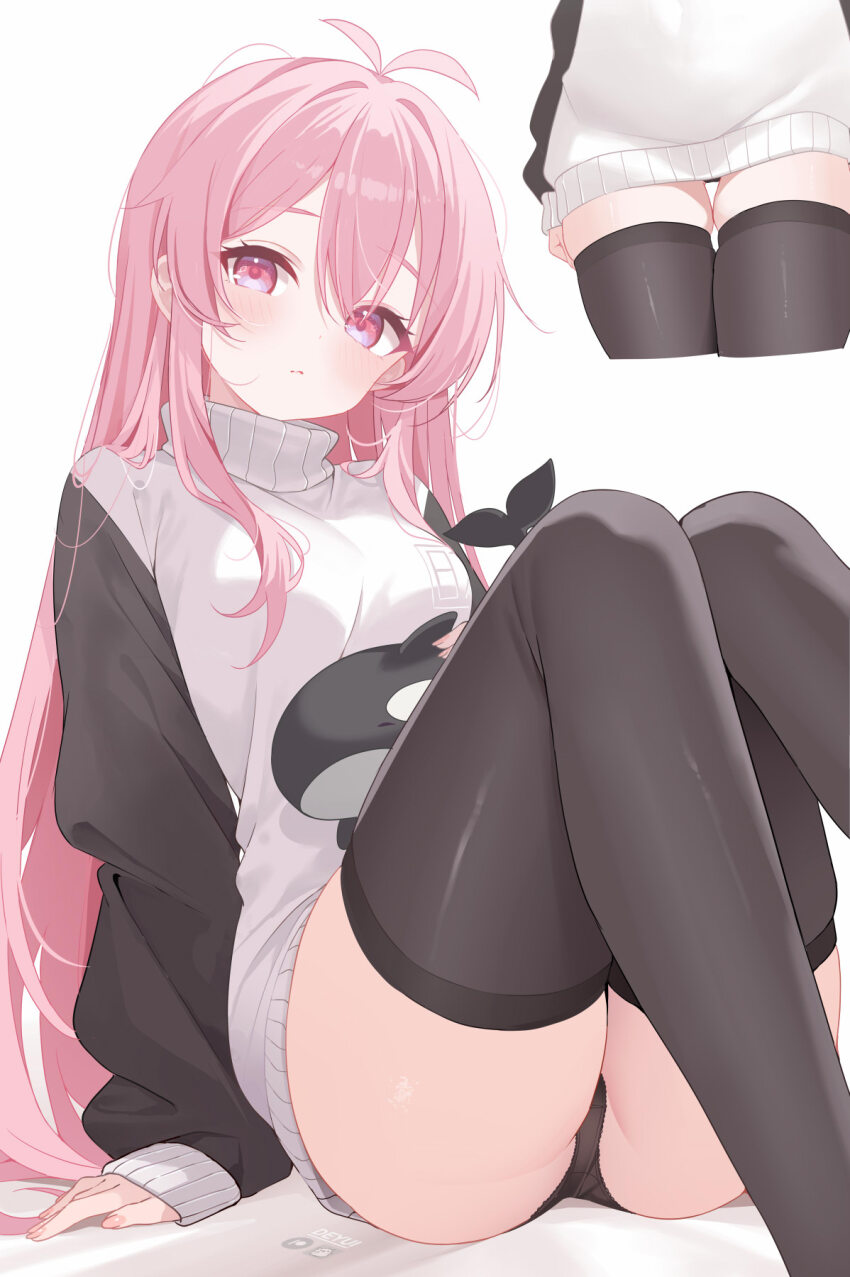 1girl, antenna_hair, black_panties, black_sweater, black_thighhighs, blush, breasts, commentary