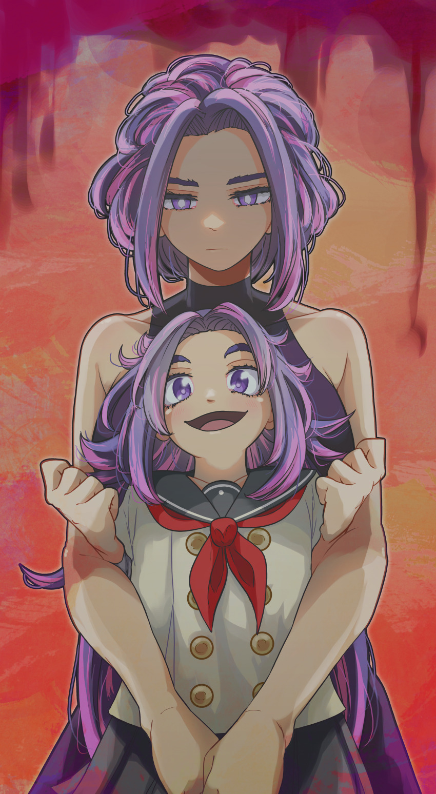 2girls, absurdres, age_comparison, aged_down, bare_shoulders, boku_no_hero_academia, closed_mouth, commentary, dress, dual_persona, english_commentary, expressionless, highres, kyochakocchis, lady_nagant, light_blush, long_hair, looking_at_viewer, multicolored_hair, multiple_girls, neckerchief, open_mouth, painterly, pink_hair, purple_dress, purple_eyes, purple_hair, red_neckerchief, school_uniform, serafuku, short_hair, sleeveless, sleeveless_dress, smile, two-tone_hair