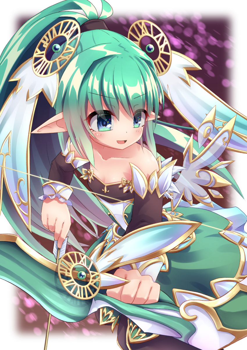 1girl, bare_shoulders, blue_eyes, bow_(weapon), breasts, dress, emil_chronicle_online, frilled_dress