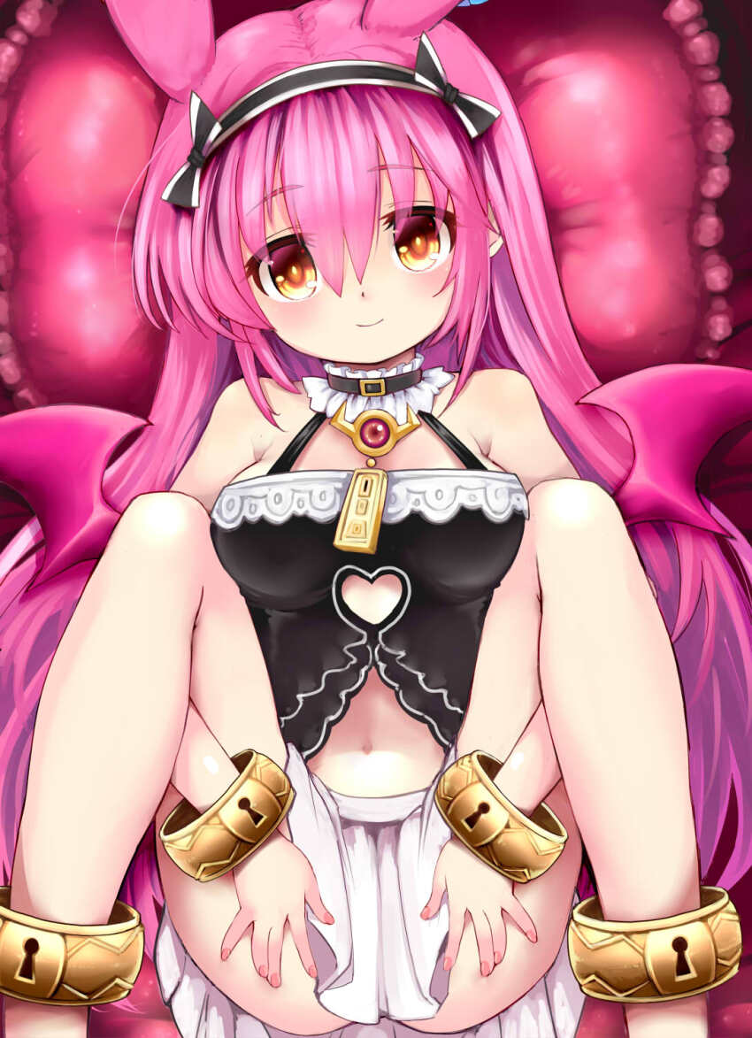 1girl, ajitarou_(setsu), animal_ears, black_skirt, bracelet, breasts, choker, dragon_wings, emil_chronicle_online, frilled_choker, frills, hairband, highres, jewelry, long_hair, m_legs, medium_breasts, midriff, mitama_nanai, navel, on_bed, pink_hair, pink_wings, skirt, spread_legs, white_skirt, wings, yellow_eyes