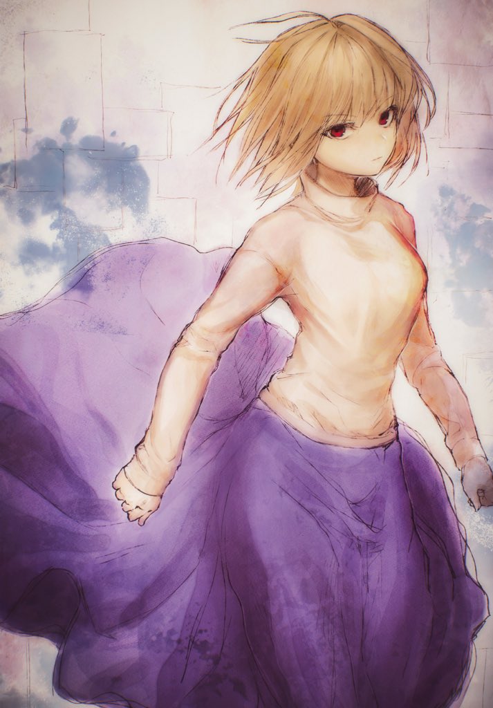 1girl, antenna_hair, arcueid_brunestud, blonde_hair, long_skirt, long_sleeves, looking_at_viewer, purple_skirt