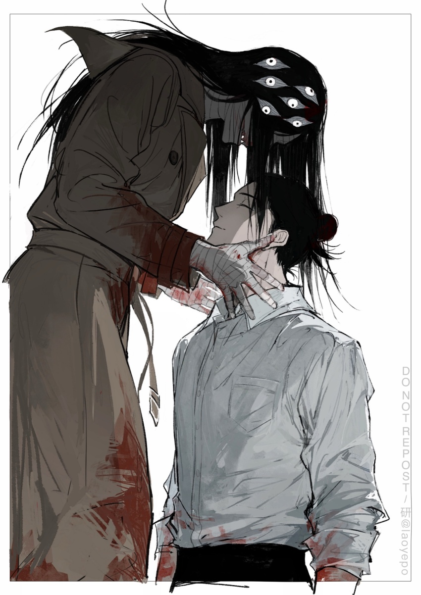 1boy, 1girl, bandaged_hand, bandages, belt, black_hair, blood, blood_on_clothes