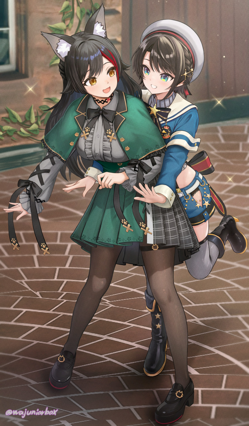 2girls, :d, absurdres, animal_ear_fluff, animal_ears, aqua_eyes, armband, back_bow