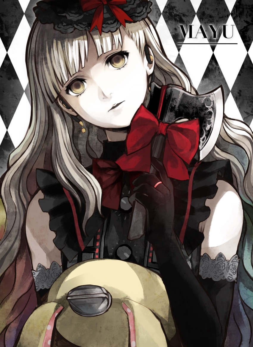 1girl, argyle_background, axe, blonde_hair, bow, bowtie, character_name, colored_inner_hair