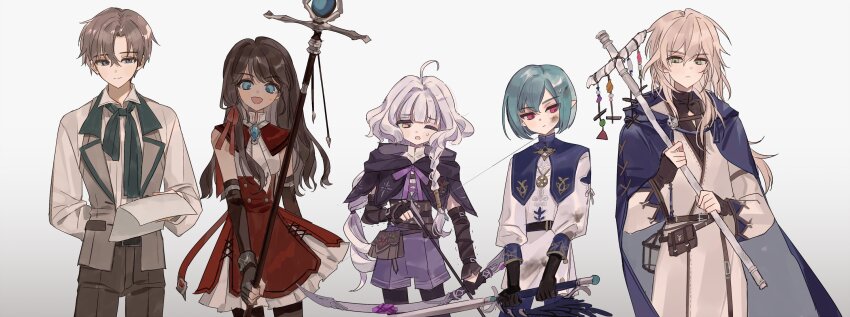 2girls, 3boys, bow, cowenna, eochaid_(mabinogi), highres, holding, holding_sword