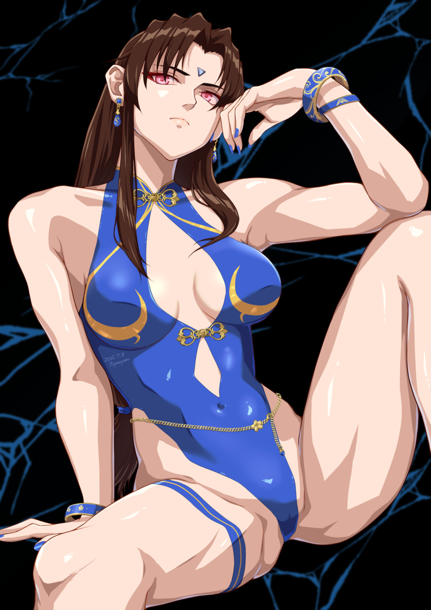 92penpen, alternate_costume, blue_one-piece_swimsuit, braid, brown_eyes, capcom, casual_one-piece_swimsuit, chun-li