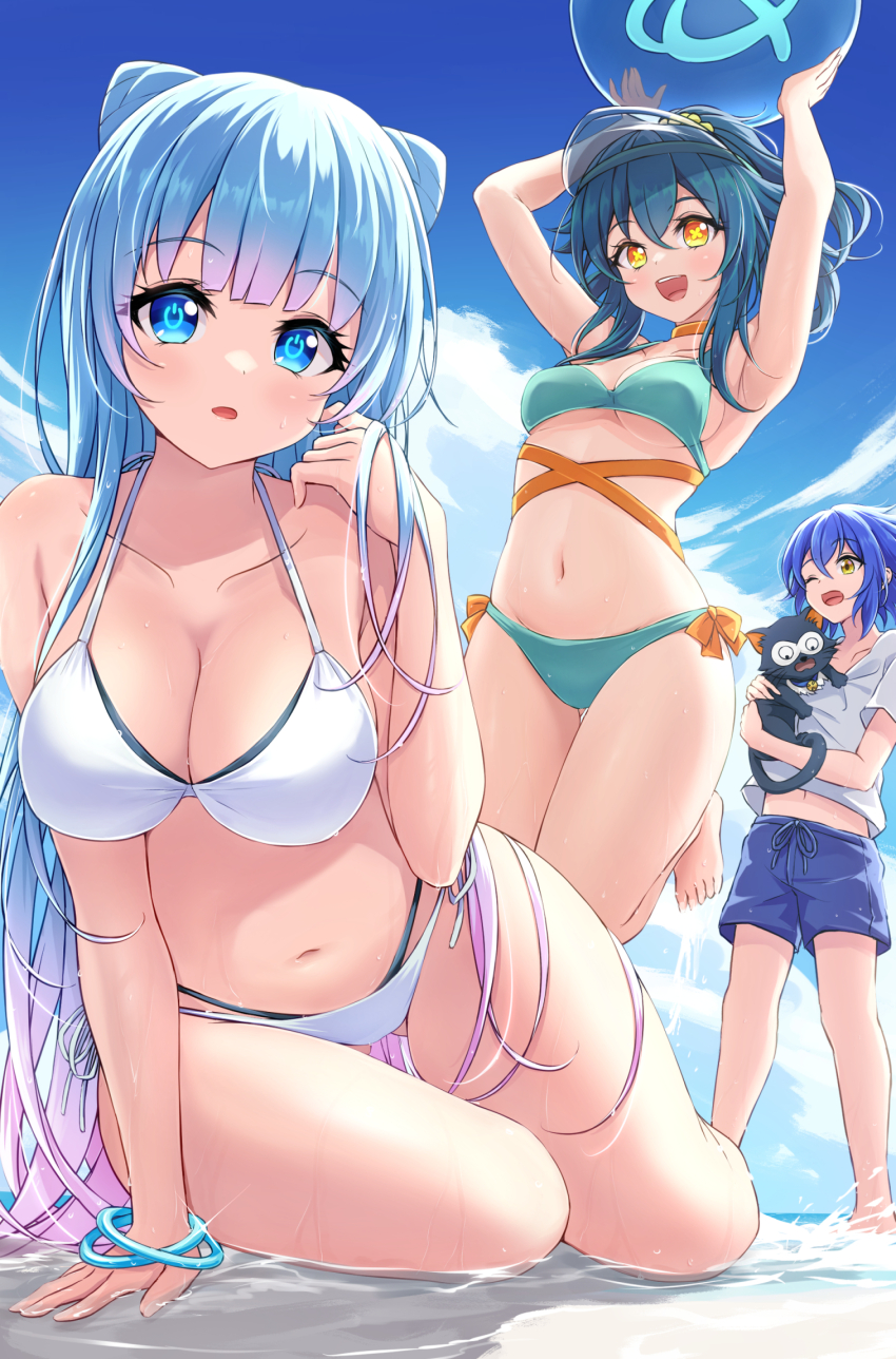 1boy, 2girls, akirappy, amida_(monster_strike), animal, aqua_eyes, aqua_hair, blue_hair, bracelet, cat, green_hair, hallelujah_(monster_strike), highres, holding, holding_animal, holding_cat, jewelry, monster_strike, multicolored_hair, multiple_girls, neo_(monster_strike), pink_hair, power_symbol-shaped_pupils, sky, swimsuit, symbol-shaped_pupils, wet, white_hair, yellow_eyes