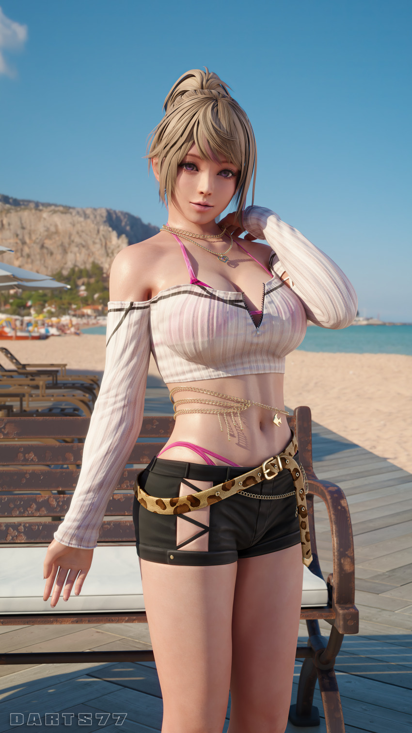 1girl, 3d, absurdres, bare_shoulders, beach, bench, bikini, blonde_hair