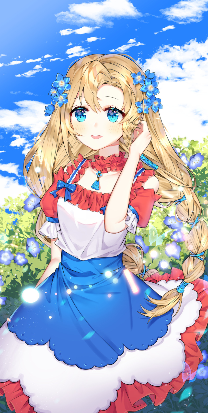 1girl, absurdres, bare_shoulders, blonde_hair, blony_(mabinogi), blue_eyes, dress, flower