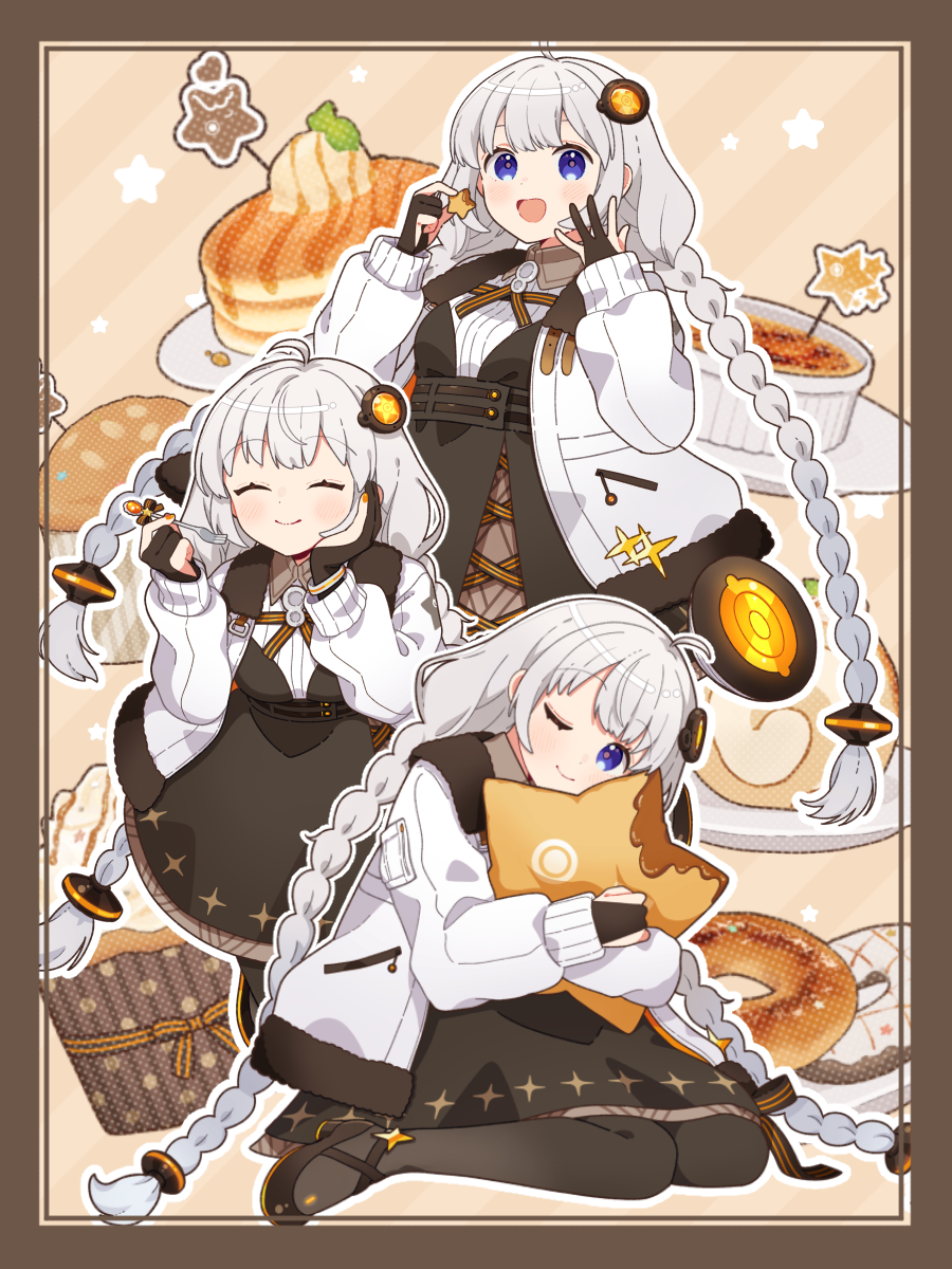 1girl, :d, ;), ahoge, binchou_maguro, black_dress, black_gloves, black_pantyhose