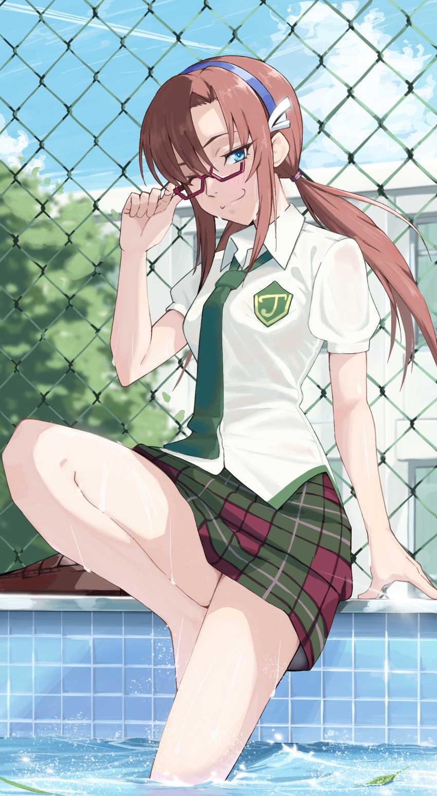 1girl, ;3, absurdres, arm_support, blue_eyes, blue_hairband, blue_sky, breasts, brown_hair, brown_shoes, chain-link_fence, closed_mouth, cloud, collared_shirt, commentary_request, day, fence, glasses, green_necktie, green_skirt, hair_between_eyes, hairband, highres, hitempo, long_hair, looking_at_viewer, low_twintails, makinami_mari_illustrious, medium_breasts, miniskirt, necktie, neon_genesis_evangelion, one_eye_closed, outdoors, parted_bangs, plaid_clothes, plaid_skirt, pool, poolside, rebuild_of_evangelion, red-framed_eyewear, school, school_uniform, semi-rimless_eyewear, shadow, shirt, shoes, short_sleeves, sidelocks, sitting, skirt, sky, smile, soaking_feet, solo, twintails, under-rim_eyewear, unworn_shoes, water, wet, white_shirt